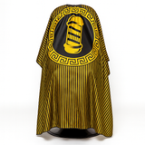 Black and yellow barber cape with a striped design on a white background