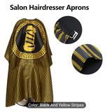 Black and yellow striped salon hairdresser apron with close-up details on a white background.
