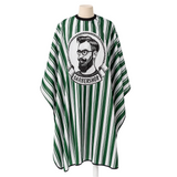 Green and white striped barber hairdressing capes with a barbershop design on a mannequin against a white background