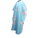Blue cape with cartoon dog designs on a white background