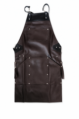 Brown leather apron with black accents on a white background