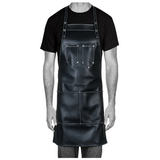 Person wearing a black leather apron on a white background