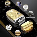 Electric razor and hair trimmer set with a gold-colored design, featuring an LCD digital display, various trimmer attachments, and a box in the background.