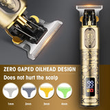 Electric razor and hair trimmer set with a gold-colored design, featuring an LCD digital display, various trimmer attachments, and a box in the background.