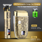 Electric razor and hair trimmer set with a gold-colored design, featuring an LCD digital display, various trimmer attachments, and a box in the background.