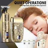 Electric razor and hair trimmer set with a gold-colored design, featuring an LCD digital display, various trimmer attachments, and a box in the background.