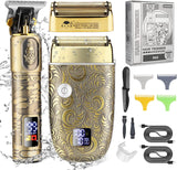 Electric razor and hair trimmer set with a gold-colored design, featuring an LCD digital display, various trimmer attachments, and a box in the background.