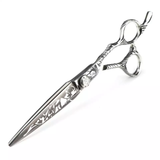 A professional Damascus pattern hairdressing scissors with a black and silver color scheme, featuring intricate engravings on the handle.