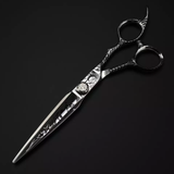 A professional Damascus pattern hairdressing scissors with a black and silver color scheme, featuring intricate engravings on the handle.