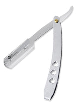 A professional single blade razor with a metal handle, featuring a cut throat razor design with hearts in the handle.