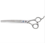 A pair of professional pet hair thinning scissors with a silver chrome finish and convex edge blades.