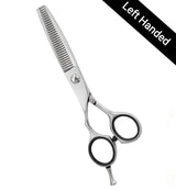 A pair of left-handed professional thinning scissors with a polished finish, featuring beveled edge blades and a fixed screw mechanism.