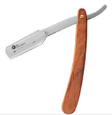 A wooden handle straight single blade razor with a silver head.