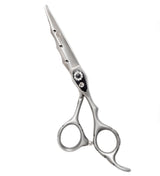 A pair of professional curved hairdressing scissors made from high-quality Japanese stainless steel with a matte silver finish, featuring a fixed finger rest and an adjustable screw.