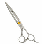 A professional 440c yellow crystal hairdressing scissors with the logo 'K5 INTERNATIONAL' embossed on it.