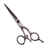 A professional hairdressing scissors with a swivel feature, polished finish, and black color.