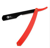 A red handle straight slider razor with a black blade, branded with the K5 logo.