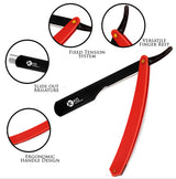 A red handle straight slider razor with a black blade, branded with the K5 logo.
