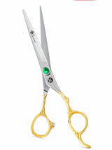 A pair of professional Royal Class hairdressing scissors with a polished silver finish and gold-colored rings.