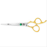 A pair of professional Royal Class hairdressing scissors with a polished silver finish and gold-colored rings.