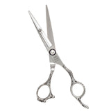 A pair of silver-colored hairdressing scissors with a polished finish and convex edge blades.