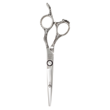 A pair of silver-colored hairdressing scissors with a polished finish and convex edge blades.