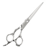 A pair of silver-colored hairdressing scissors with a polished finish and convex edge blades.