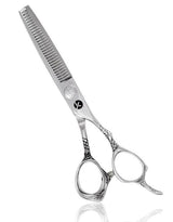 A professional silver dragon thinning scissors with a polished silver finish.