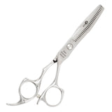 A pair of silver chrome hair thinning scissors with beveled edge blades and a fixed finger rest.