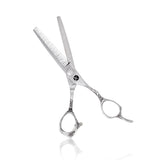 A professional silver dragon thinning scissors with a polished silver finish.