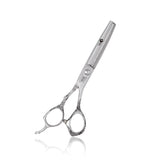 A professional silver dragon thinning scissors with a polished silver finish.