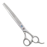 A pair of professional pet hair thinning scissors with a silver chrome finish and convex edge blades.