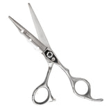 A pair of professional curved hairdressing scissors made from high-quality Japanese stainless steel with a matte silver finish, featuring a fixed finger rest and an adjustable screw.