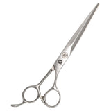 A pair of professional SUS 440c hairdressing scissors with a polished silver finish and convex edge blades.