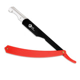 A red handle straight slider razor with a black blade, branded with the K5 logo.