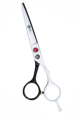 Professional black satin hairdressing scissors with a beveled edge, measuring 5.5 inches.
