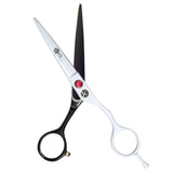 Professional black satin hairdressing scissors with a beveled edge, measuring 5.5 inches.