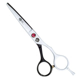 Professional black satin hairdressing scissors with a beveled edge, measuring 5.5 inches.