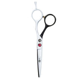 Professional black satin hairdressing scissors with a beveled edge, measuring 5.5 inches.
