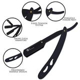 A black metal straight razor with the brand K5 International Barber Products visible on the handle.