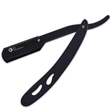 A black metal straight razor with the brand K5 International Barber Products visible on the handle.