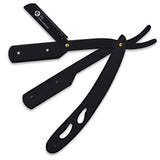 A black metal straight razor with the brand K5 International Barber Products visible on the handle.