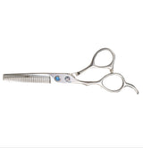 Left-handed professional thinning scissors with a polished finish, featuring beveled edge blades and a fixed finger rest.