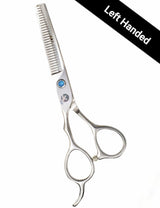 Left-handed professional thinning scissors with a polished finish, featuring beveled edge blades and a fixed finger rest.