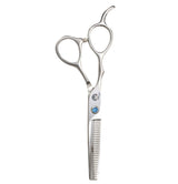 Left-handed professional thinning scissors with a polished finish, featuring beveled edge blades and a fixed finger rest.