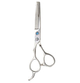 Left-handed professional thinning scissors with a polished finish, featuring beveled edge blades and a fixed finger rest.