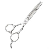 Left-handed professional thinning scissors with a polished finish, featuring beveled edge blades and a fixed finger rest.
