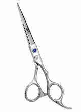 A professional hairdressing scissors with a polished finish, convex edge blades, and a fixed finger rest. The scissors are silver in color and appear to be designed for right-handed use.