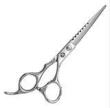 A professional hairdressing scissors with a polished finish, convex edge blades, and a fixed finger rest. The scissors are silver in color and appear to be designed for right-handed use.