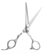 A professional hairdressing scissors with a polished finish, convex edge blades, and a fixed finger rest. The scissors are silver in color and appear to be designed for right-handed use.